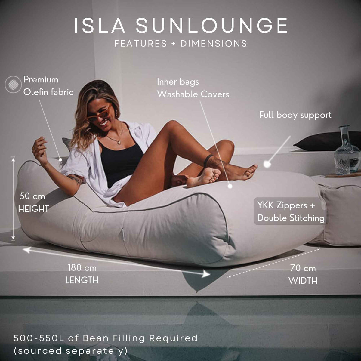 Mooi Living Taupe Isla outdoor bean bag sunlounger - measurements & features, MOISLABB- TAU