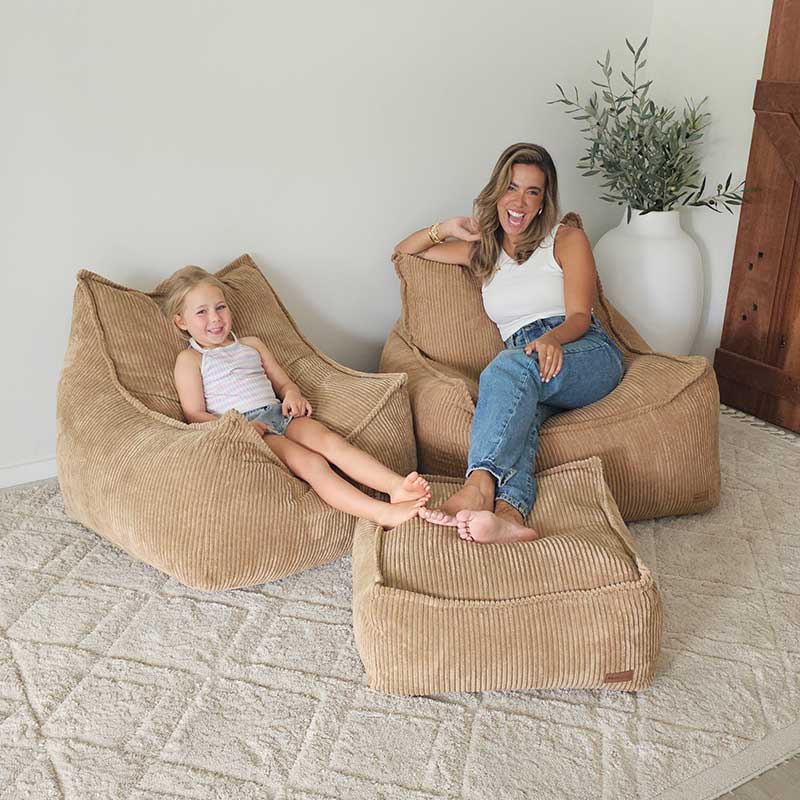 Mini Cord Bean Bag Chair and Cord Chair with Cord Ottoman indoor bean bag by Mooi Living in Caramel. Perfect bean bag chairs for adults and kids and suitable for any indoor space.
