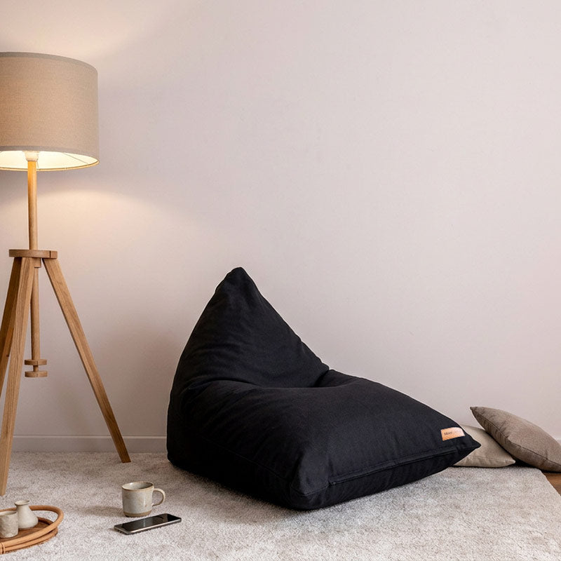 Cotton Canvas Triangle Bean Bag indoor bean bag by Mooi Living. in Black. A spacious Indoor Triangle Bean Bag made from breathable cotton canvas for naturally soft comfort and relaxed, effortless style.