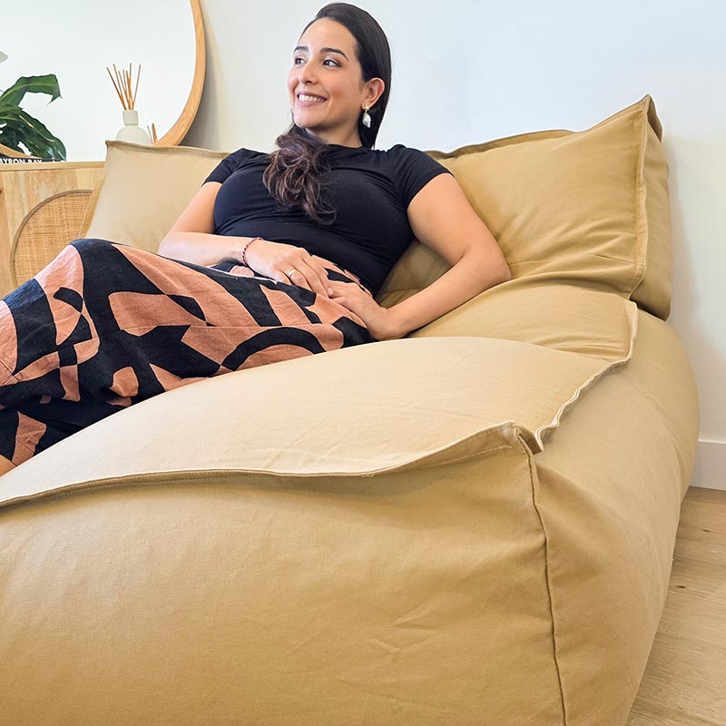 Tan Double Boss large two person indoor bean bag by Mooi Living styled in a contemporary Australian home.