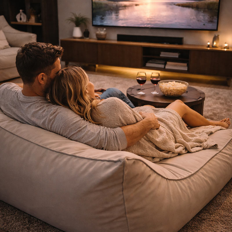 The Stunning Double Boss Bean Bag in Mocha, the perfect place to lounge indoors. 