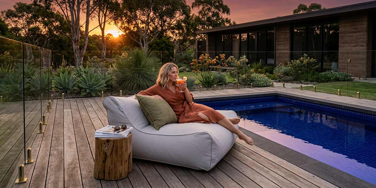 Lifestyle Image - Natural Chill UV Double Seater Outdoor Lounger poolside at an Australian home. Lady comfortably seated drinking a cocktail at sunset.