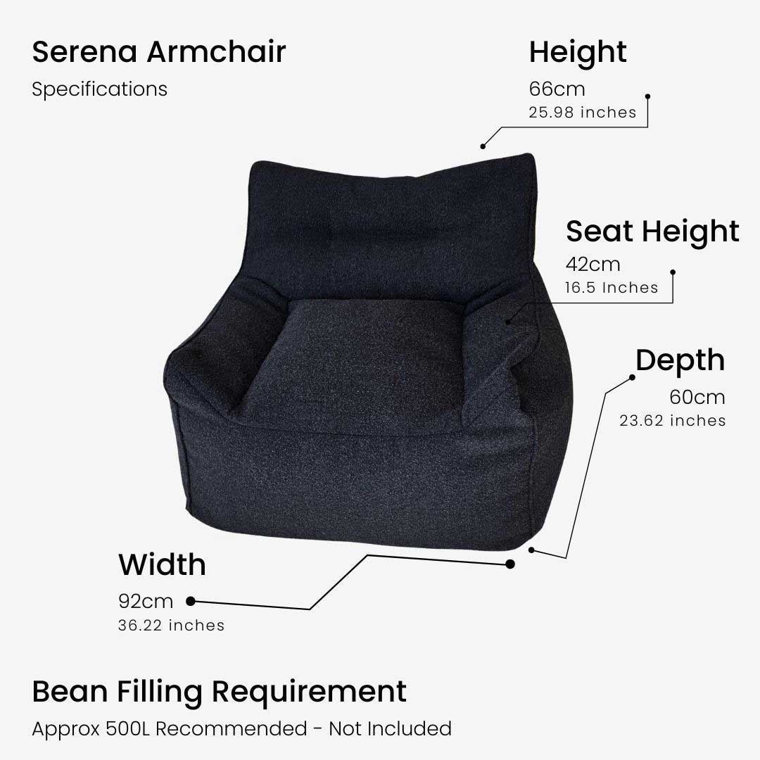 Product Specifications for our Serena Armchair Bean Bag - Width: 92 cm - Depth: 60cm - Height: 90cm - Seat Height: 42cm