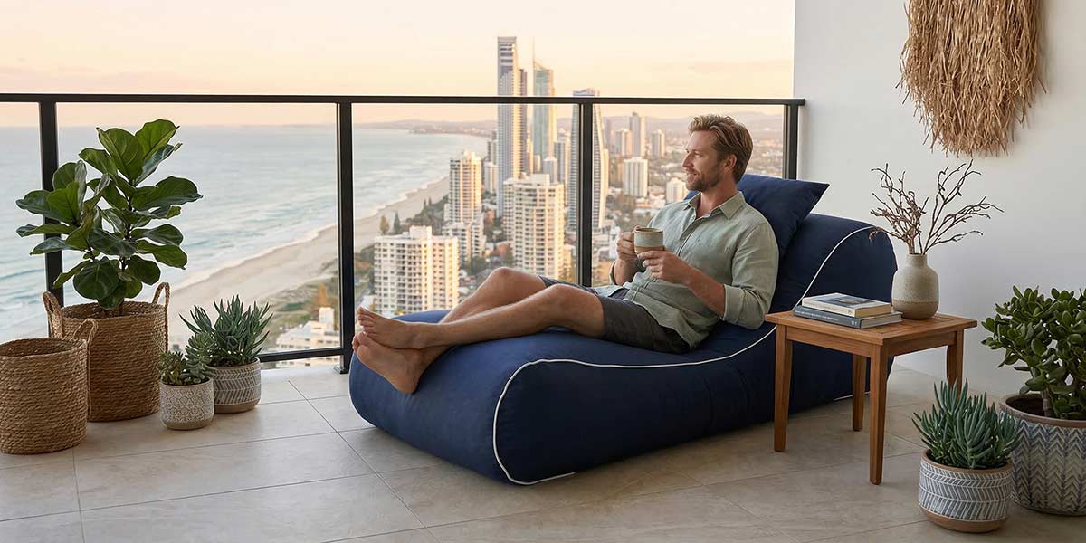 Modern apartment balcon, small table and Gold Coast coastal view, maoe relaxing on a navy Isla sunlounger  outdoor bean bag by Mooi Living with coffee, soft morning light, calm peaceful atmosphere.