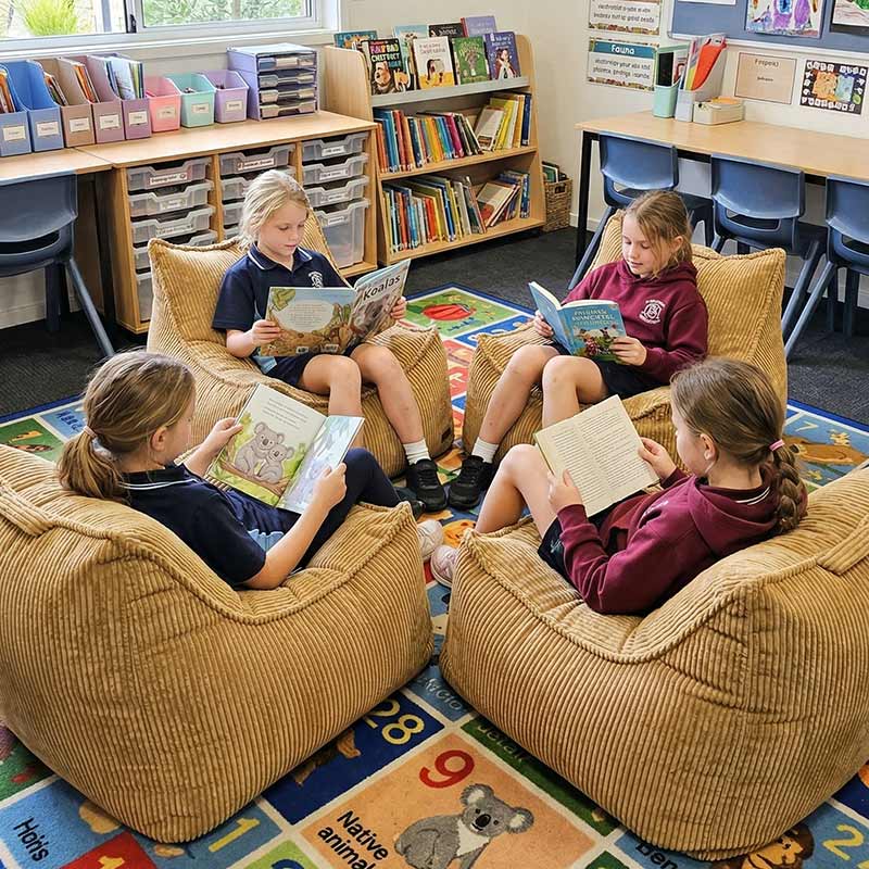 Lifestyle image of 4 Mini Cord Chairs indoor bean bag by Mooi Living in Caramel with children sitting on each bean bag while reading books in a classroom setting.
