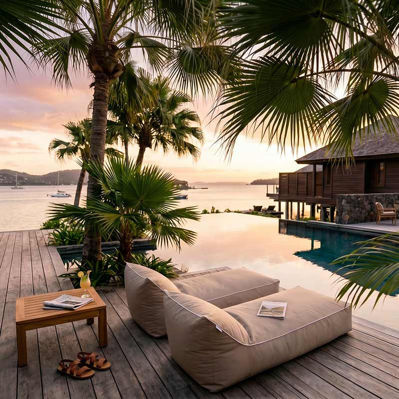 Outdoor seating area with Talia Floats outdoor bean bags by Mooi Living and palm trees and a pool overlooking a body of water during sunset.
