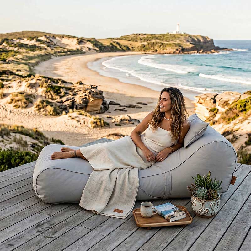 Australian Coastal beachfront setting with sand dunes and ocean in background, Stone Isla sunlounger outdoor bean bag by Mooi Living placed on a deck overlooking the beach, relaxed holiday atmosphere,