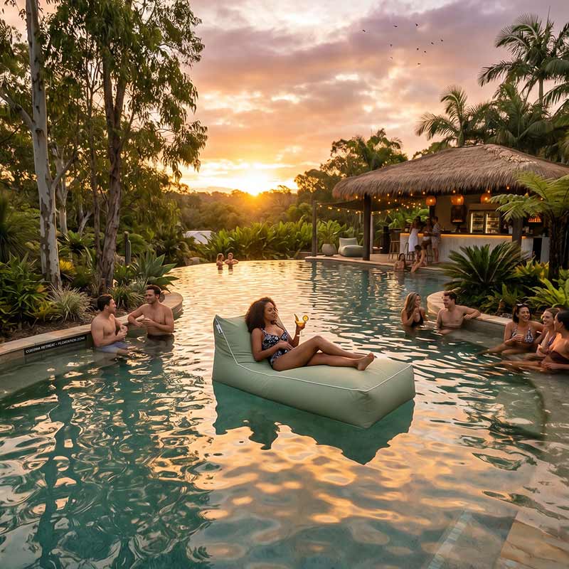 Woman lounging in a pool on a Talia Float outdoor bean bags by Mooi Living with people relaxing by a pool with a sunset and tropical setting