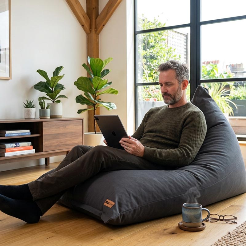 Cotton Canvas Triangle Bean Bag indoor bean bag by Mooi Living in Black. A spacious Indoor Triangle Bean Bag made from breathable cotton canvas for naturally soft comfort and relaxed, effortless style.