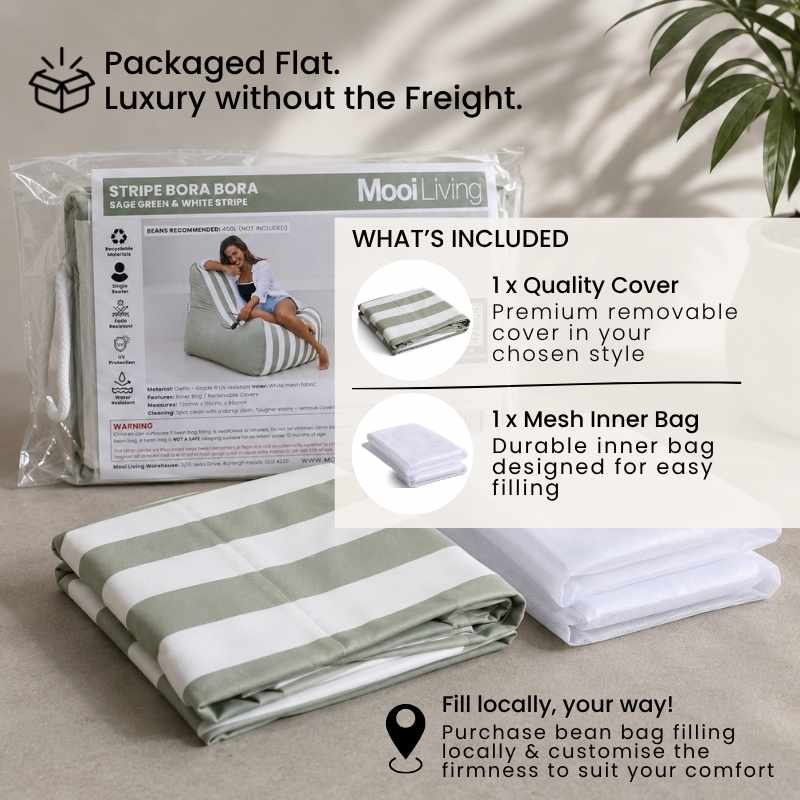 Folded Outdoor Stripe bora bora  bean bag cover in Sage green and white stripe   and inner bag in a Mooi Living packaging.