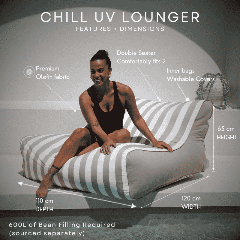 A woman sits on a Chill UV Lounger in Taupe Stripe with overlaid dimension labels and feature callouts.