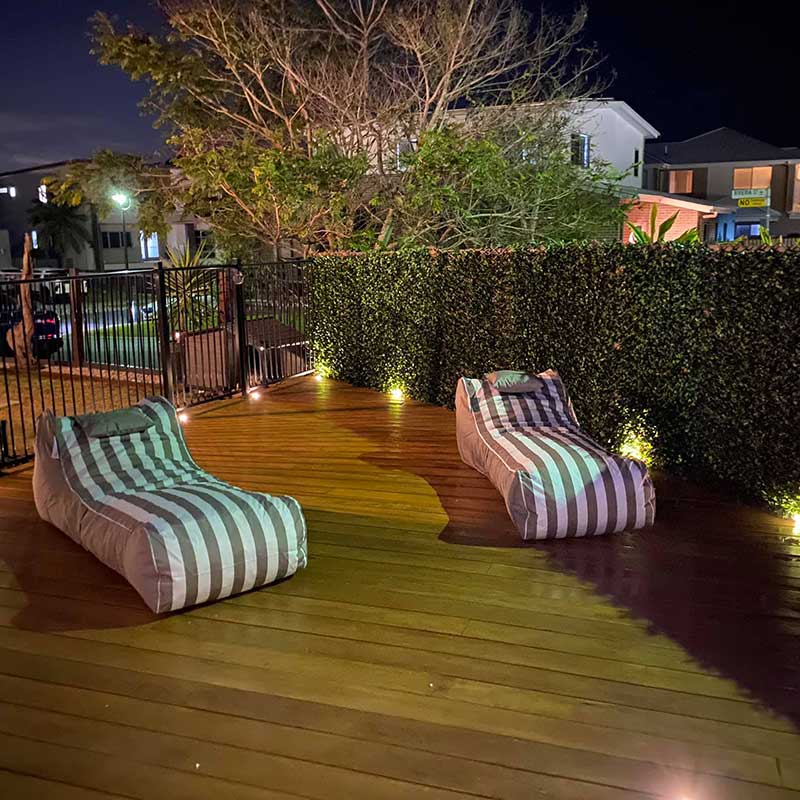 Cojelo Suave Sunlounge  outdoor bean bag by Mooi Livingin Taupe Stripe. This bean bag lounger blends luxury and laid-back comfort, creating the perfect spot for stylish poolside or patio relaxation.