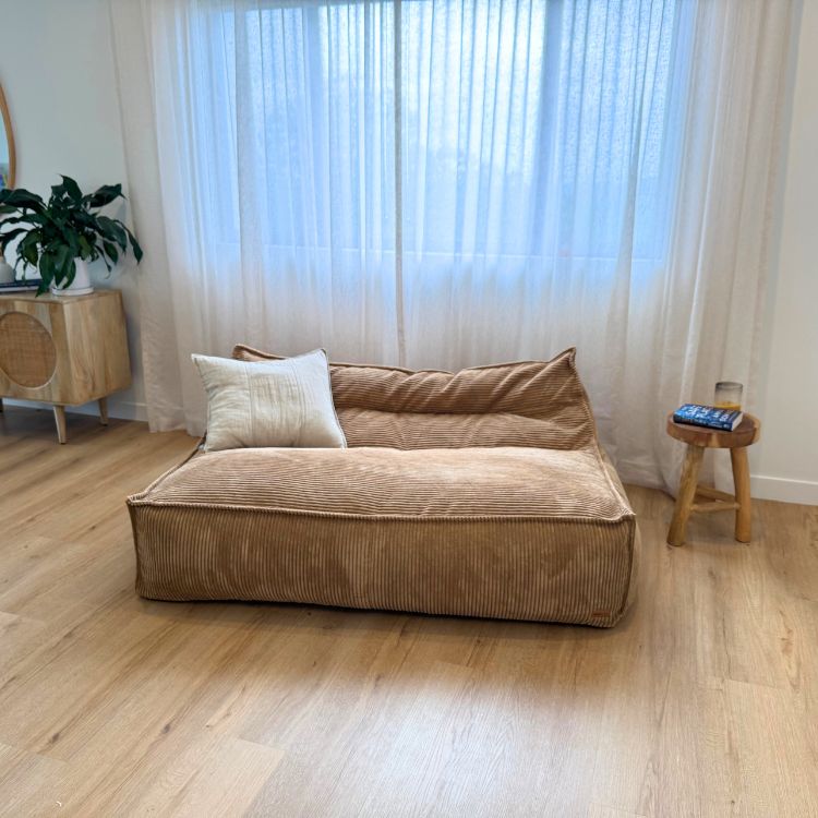 Caramel Mooi Double Seater Corduroy Bean Bag Lounger by Mooi Living in a living room.