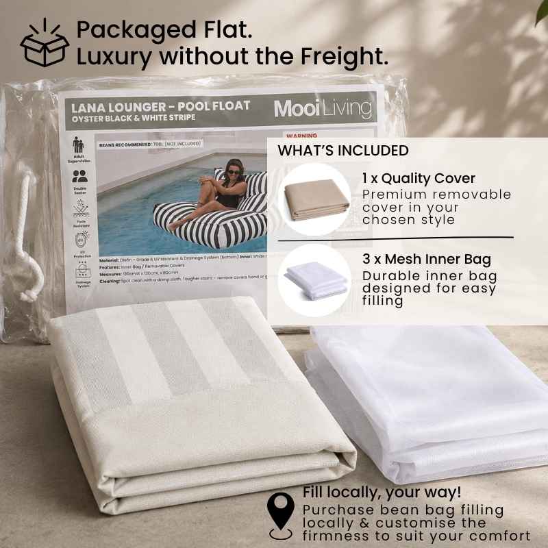 Folded Lana lounger pool float bean bag cover in Oyster black and white stripe and inner bag in a Mooi Living packaging.