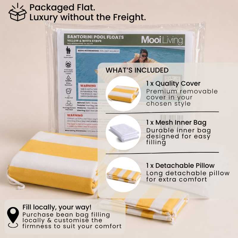Folded Santorini Pool Float bean bag cover in Yellow Stripe and inner bag in a Mooi Living packaging.