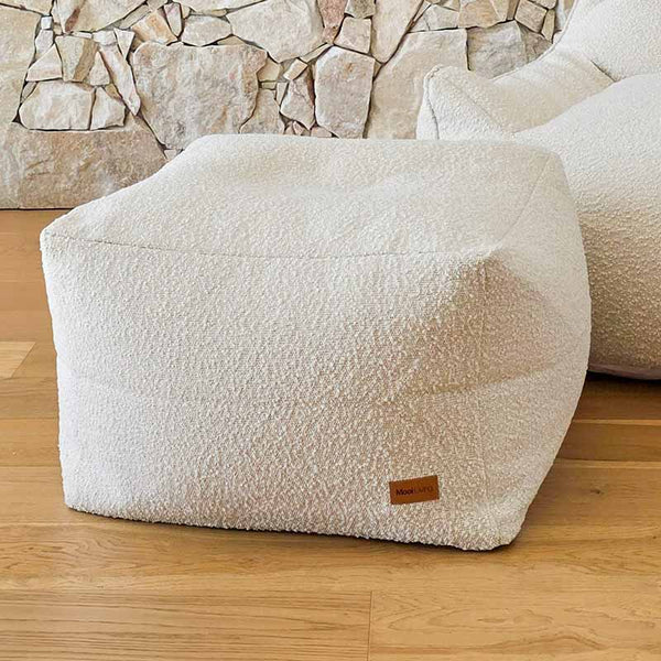 Cream Serena bouclé ottoman indoor bean bag by Mooi Living, designed to pair with the Serena Armchair by Mooi Living.