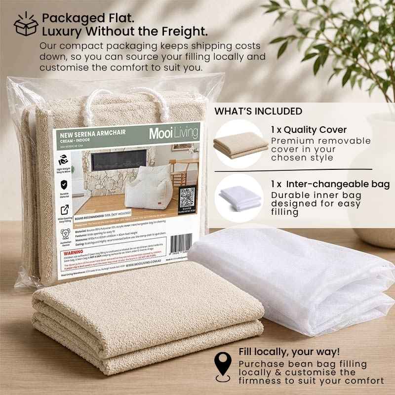 Folded Serena Armchair bean bag cover in Cream and inner bag in a Mooi Living packaging.