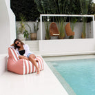 outdoor blush bora bora bean bag chair in blush and white stripe, poolside, MOBORABB-STRI-BLU
