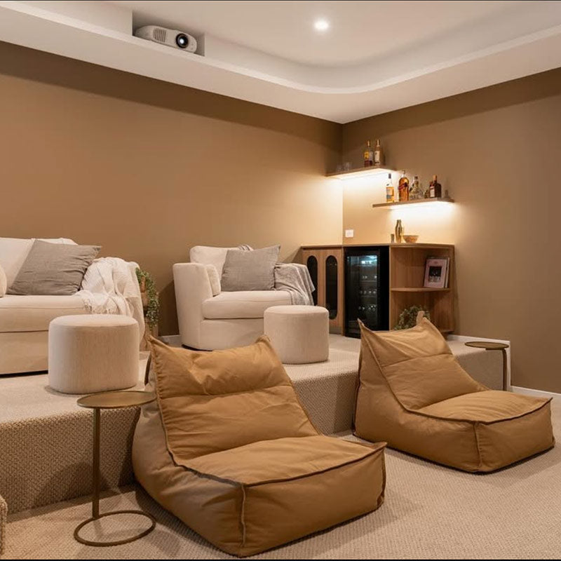 Two Tan Single Boss Bean Bags indoor Bean Bag by Mooi Living. placed side by side on the second level of a media room, customer photo by @casa.kerenjon.