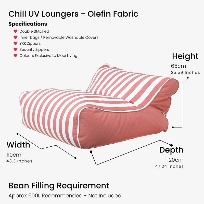 Product Specifications for the outdoor Chill UV Lounger Bean Bag: Width: 110 cm - Length: 120 cm - Back Height: 65cm - Seat Height: 38cm