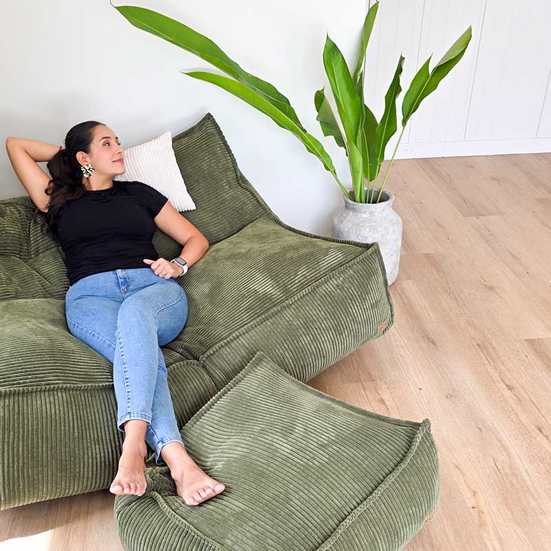Mooi Double Cord Bean Bag and Cord Ottoman in Olive Green. Dual seating in luxe cord fabric featuring three inner bags for structured support and effortless setup.