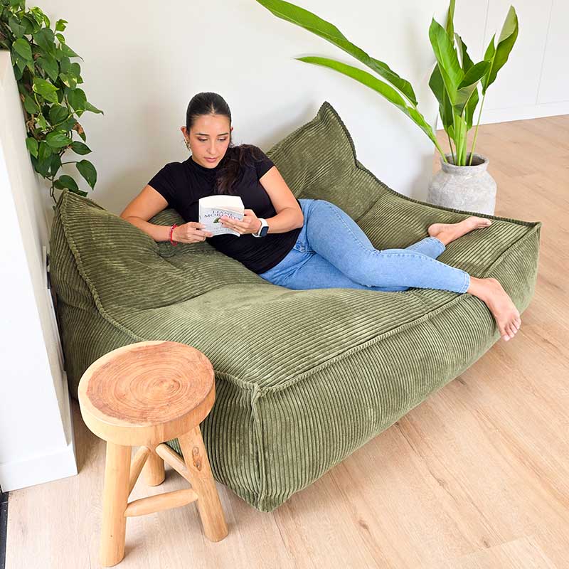 Mooi Double Cord Bean Bag in Olive Green. Dual seating in luxe cord fabric featuring three inner bags for structured support and effortless setup.