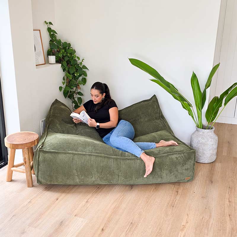 Mooi Double Cord Bean Bag in Olive Green. Dual seating in luxe cord fabric featuring three inner bags for structured support and effortless setup.
