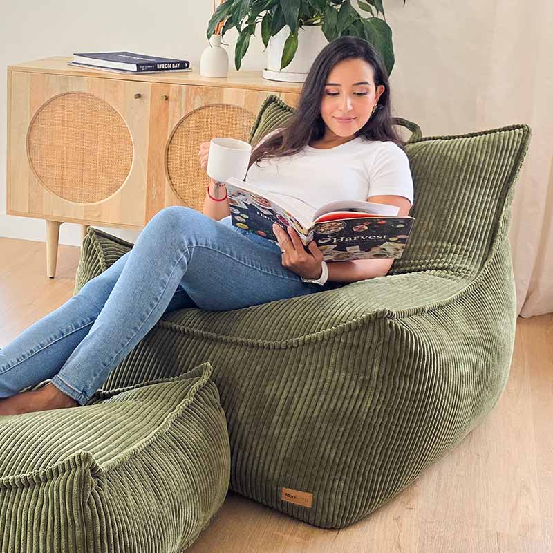 Mooi Cord Bean Bag Chair in Olive Green. Luxuriously soft ribbed corduroy with structured support, perfect for stylish indoor lounging.