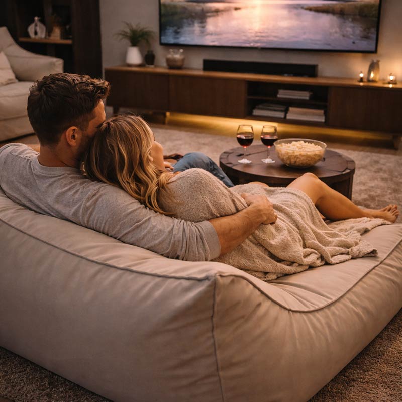 Lifestyle Image of the Natural Beige Lana Lounger outdoor bean bag by Mooi Living of a couple watching TV together in a cozy living room with popcorn and wine.