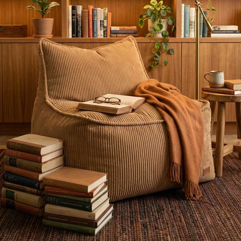 Lifestyle image of the Cord Chair indoor bean bag by Mooi Living in Caramel in a cozy reading nook with a brown armchair, books, and a blanket in a warm-toned room.