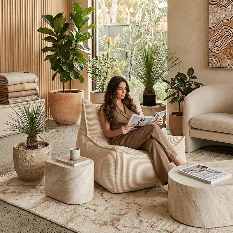 Lifestyle image of the Cord Chair indoor bean bag by Mooi Living in Beige with a woman reading a magazine in a cozy living room with plants and neutral decor.