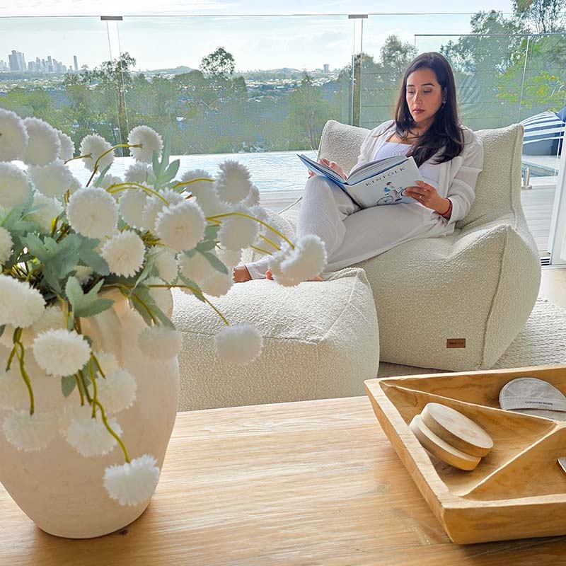 Mooi Living Cream Serena bouclé indoor bean bag chair paired with matching ottoman indoor bean bag by Mooi Living