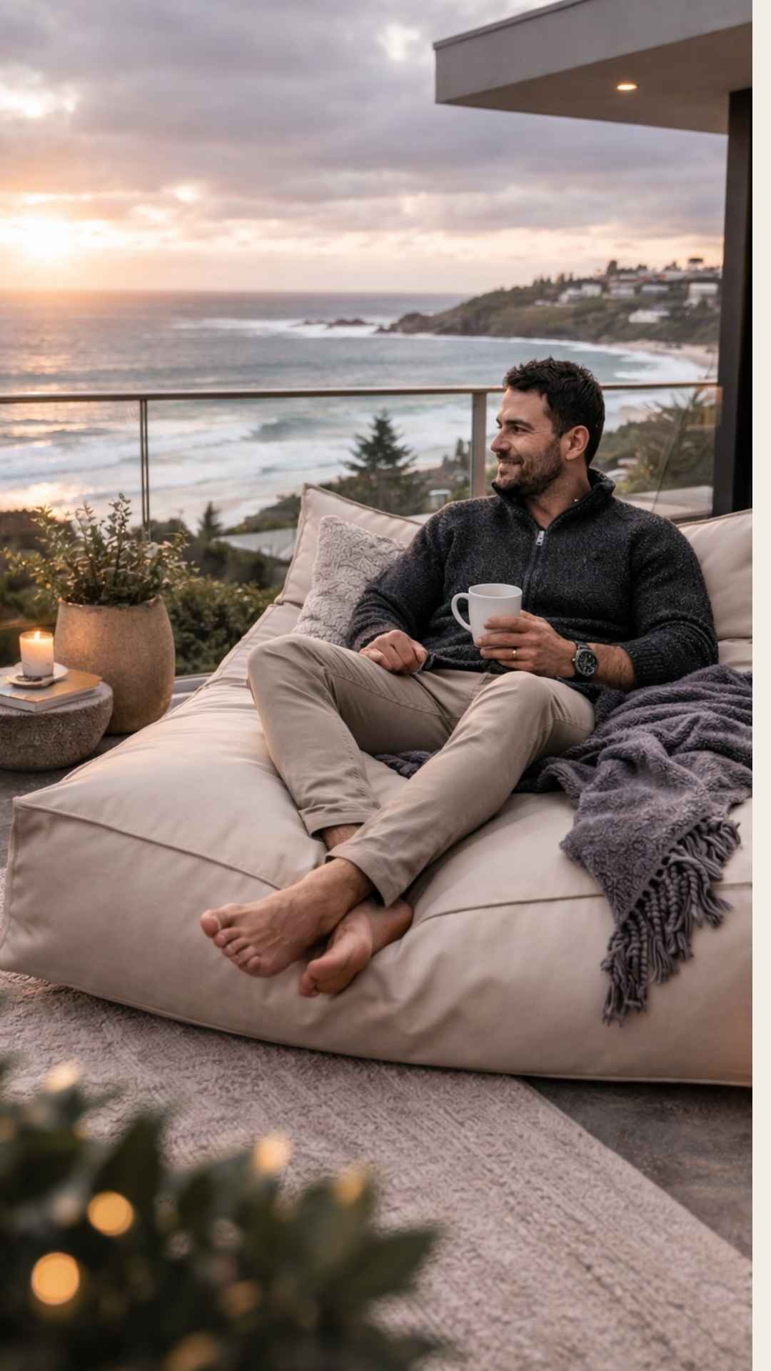 Lifestyle image of the Lana Lounger outdoor bean bag by Mooi Living with a man relaxing on the bean bag placed in a porch with a scenic view of the ocean at sunset.