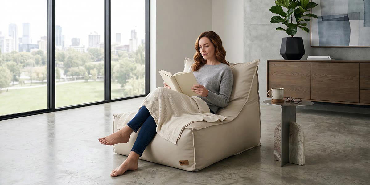 A lady sitting on a Natural Boss Bean Bag reading. It's the Perfect Reading Nook.