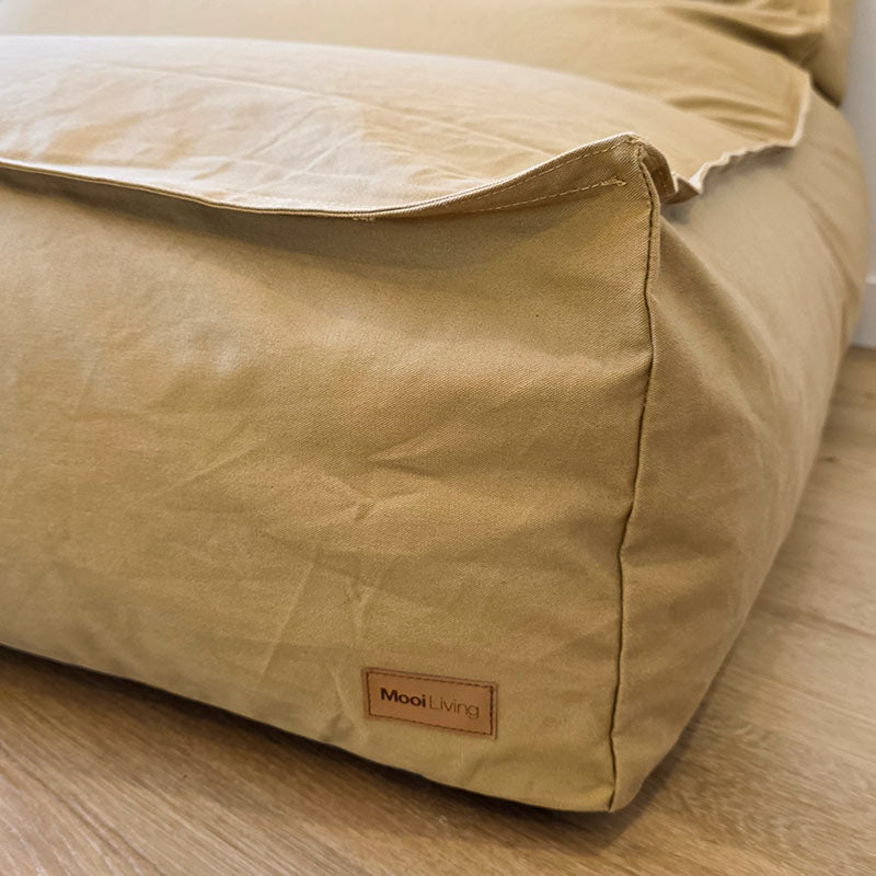 Close up of the Tan Double Boss Bean Bag Chairs, shows Mooi Living Logo and fabric.
